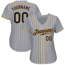 Load image into Gallery viewer, Custom Gray Navy Pinstripe Navy-Gold Authentic Baseball Jersey
