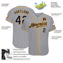 Load image into Gallery viewer, Custom Gray Navy Pinstripe Navy-Gold Authentic Baseball Jersey
