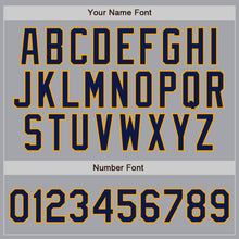 Load image into Gallery viewer, Custom Gray Navy Pinstripe Navy-Gold Authentic Baseball Jersey
