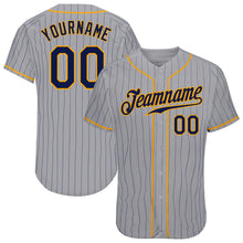 Load image into Gallery viewer, Custom Gray Navy Pinstripe Navy-Gold Authentic Baseball Jersey
