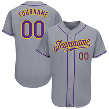 Load image into Gallery viewer, Custom Gray Purple-Gold Authentic Baseball Jersey

