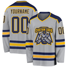 Load image into Gallery viewer, Custom Gray Navy-Gold Hockey Jersey
