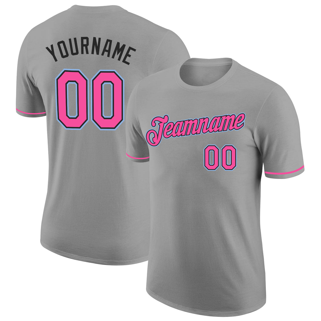 Custom Gray Pink Black-Light Blue Performance T-Shirt