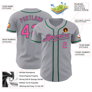 Custom Gray Pink-Kelly Green Authentic Baseball Jersey