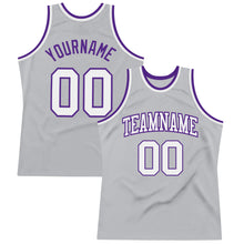 Laden Sie das Bild in den Galerie-Viewer, Custom Gray White-Purple Authentic Throwback Basketball Jersey
