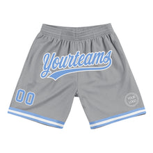 Laden Sie das Bild in den Galerie-Viewer, Custom Gray Light Blue-White Authentic Throwback Basketball Shorts
