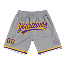 Laden Sie das Bild in den Galerie-Viewer, Custom Gray Purple-Gold Authentic Throwback Basketball Shorts
