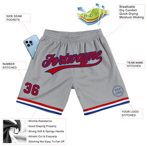 Custom Gray Red-Royal Authentic Throwback Basketball Shorts