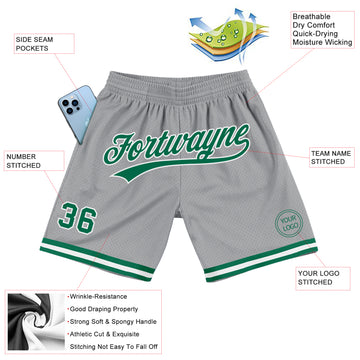 Custom Gray Kelly Green-White Authentic Throwback Basketball Shorts