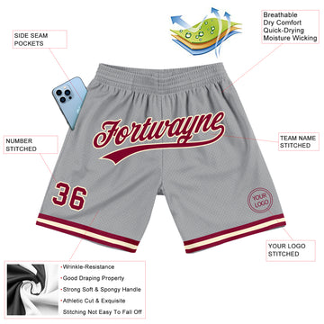 Custom Gray Maroon-Cream Authentic Throwback Basketball Shorts