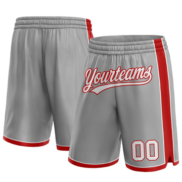 Custom Gray White-Red Authentic Basketball Shorts