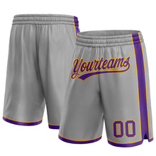 Laden Sie das Bild in den Galerie-Viewer, Custom Gray Purple-Gold Authentic Basketball Shorts
