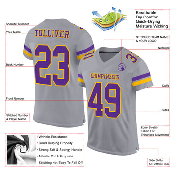 Custom Gray Purple-Gold Mesh Authentic Football Jersey