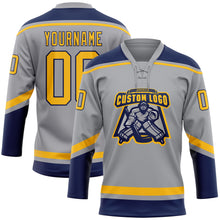 Загрузить изображение в средство просмотра галереи, Custom Gray Gold-Navy Hockey Lace Neck Jersey
