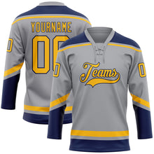 Load image into Gallery viewer, Custom Gray Gold-Navy Hockey Lace Neck Jersey
