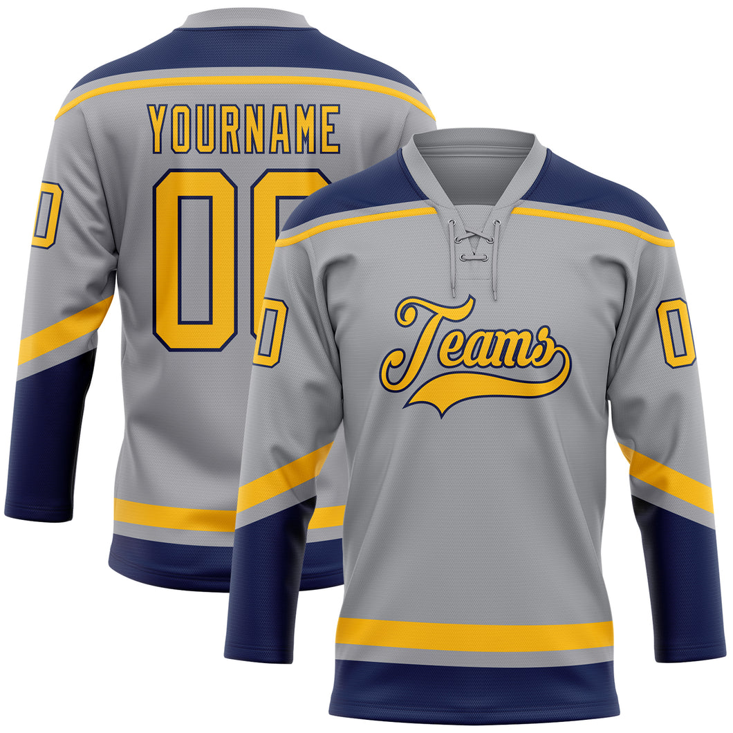 Custom Gray Gold-Navy Hockey Lace Neck Jersey