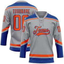 Laden Sie das Bild in den Galerie-Viewer, Custom Gray Orange-Royal Hockey Lace Neck Jersey
