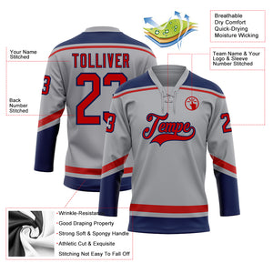 Custom Gray Red-Navy Hockey Lace Neck Jersey