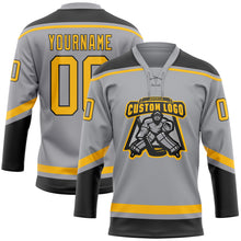 Laden Sie das Bild in den Galerie-Viewer, Custom Gray Gold-Black Hockey Lace Neck Jersey
