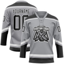 Laden Sie das Bild in den Galerie-Viewer, Custom Gray Black-White Hockey Lace Neck Jersey
