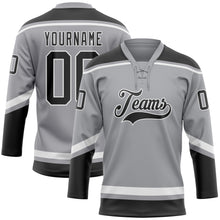 Laden Sie das Bild in den Galerie-Viewer, Custom Gray Black-White Hockey Lace Neck Jersey
