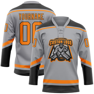 Custom Gray Bay Orange-Black Hockey Lace Neck Jersey