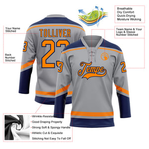 Custom Gray Bay Orange-Navy Hockey Lace Neck Jersey