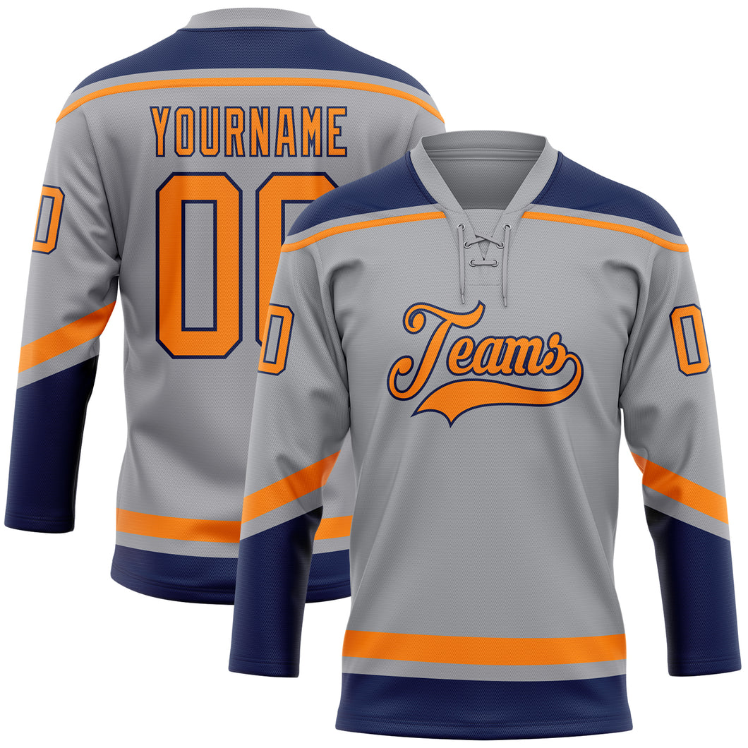 Custom Gray Bay Orange-Navy Hockey Lace Neck Jersey