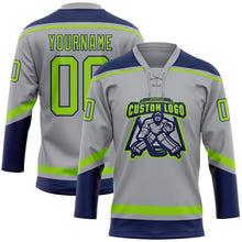 Laden Sie das Bild in den Galerie-Viewer, Custom Gray Neon Green-Navy Hockey Lace Neck Jersey
