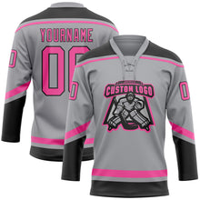 Загрузить изображение в средство просмотра галереи, Custom Gray Pink-Black Hockey Lace Neck Jersey
