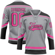 Laden Sie das Bild in den Galerie-Viewer, Custom Gray Pink-Black Hockey Lace Neck Jersey
