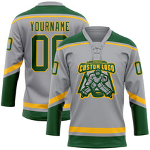 Laden Sie das Bild in den Galerie-Viewer, Custom Gray Green-Gold Hockey Lace Neck Jersey
