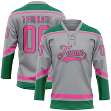 Laden Sie das Bild in den Galerie-Viewer, Custom Gray Pink-Kelly Green Hockey Lace Neck Jersey
