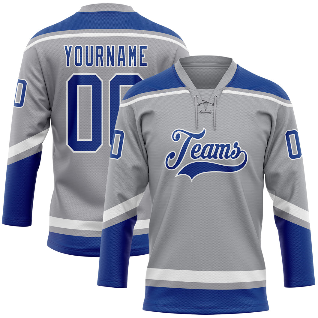 Custom Gray Royal-White Hockey Lace Neck Jersey