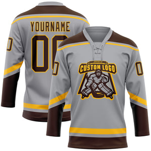 Custom Gray Brown-Gold Hockey Lace Neck Jersey