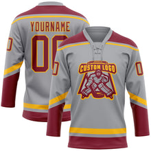 Загрузить изображение в средство просмотра галереи, Custom Gray Crimson-Gold Hockey Lace Neck Jersey
