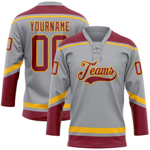 Laden Sie das Bild in den Galerie-Viewer, Custom Gray Crimson-Gold Hockey Lace Neck Jersey
