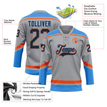 Laden Sie das Bild in den Galerie-Viewer, Custom Gray Black Electric Blue-Orange Hockey Lace Neck Jersey

