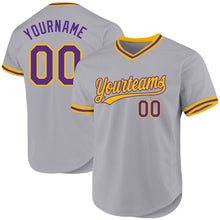 Load image into Gallery viewer, Custom Gray Purple-Gold Authentic Throwback Baseball Jersey
