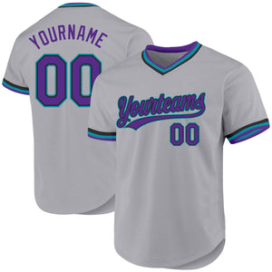 Custom Gray Purple Black-Teal Authentic Throwback Baseball Jersey