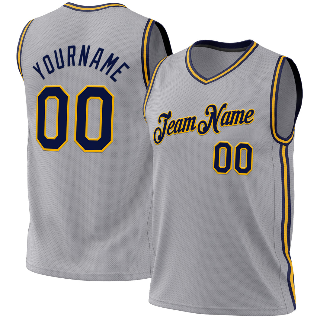 Custom Gray Navy-Gold Authentic Throwback Basketball Jersey