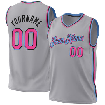 Custom Gray Pink Black-Light Blue Authentic Throwback Basketball Jersey