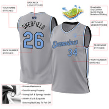 Load image into Gallery viewer, Custom Gray Light Blue-Black Authentic Throwback Basketball Jersey
