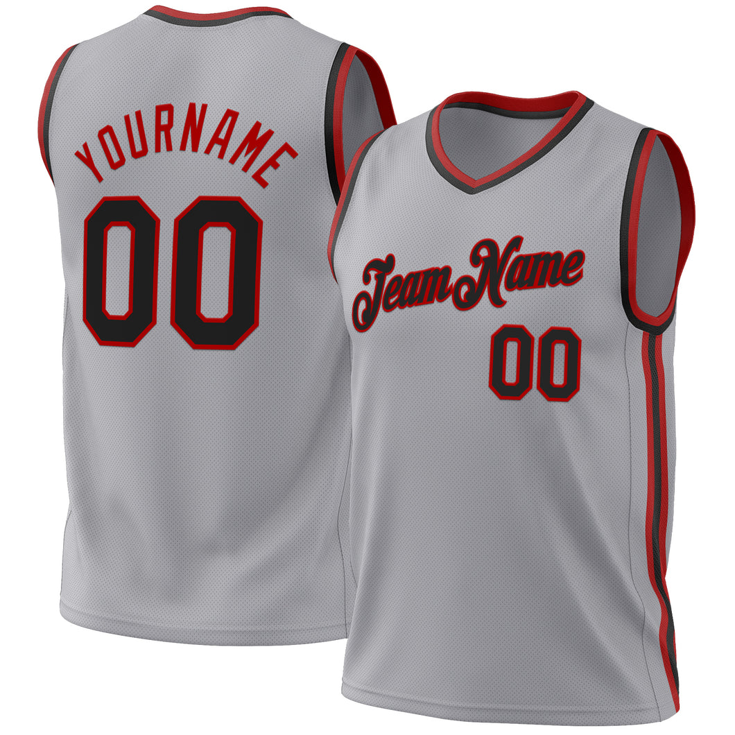 Custom Gray Black-Red Authentic Throwback Basketball Jersey