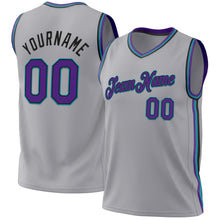 Load image into Gallery viewer, Custom Gray Purple Black-Teal Authentic Throwback Basketball Jersey
