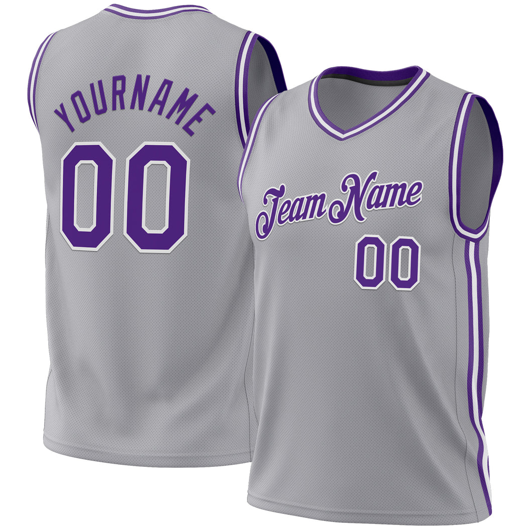 Custom Gray Purple-White Authentic Throwback Basketball Jersey