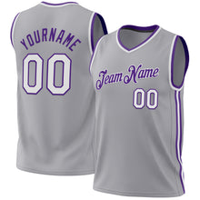 Laden Sie das Bild in den Galerie-Viewer, Custom Gray White-Purple Authentic Throwback Basketball Jersey
