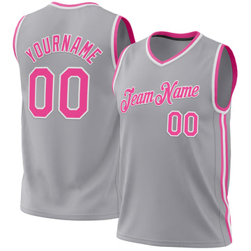 Custom Gray Pink-White Authentic Throwback Basketball Jersey