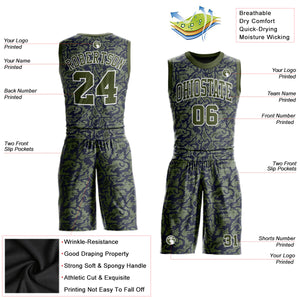 Custom Green Olive-Navy Round Neck Sublimation Basketball Suit Jersey