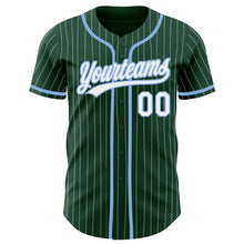 Load image into Gallery viewer, Custom Green White Pinstripe Light Blue Authentic Baseball Jersey
